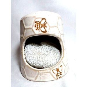 Home Sweet Home Bee Hive Honeycomb Scrubby Holder Beige Brown White Stoneware